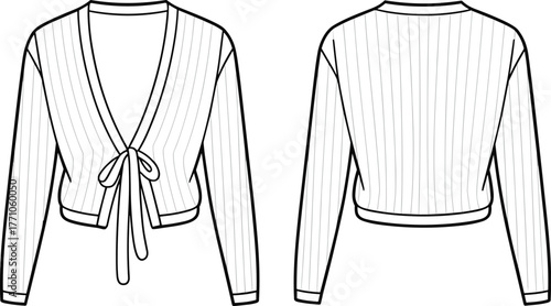 Women’s cropped cardigan fashion flat sketch, long sleeve V-neck sweater with tie front closure, ribbed knit texture, front and back technical apparel illustration