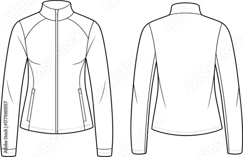 Technical flat sketch jacket front back view, fashion design template, apparel illustration, raglan sleeve outerwear, zipper pockets, garment construction drawing, clothing manufacturing reference