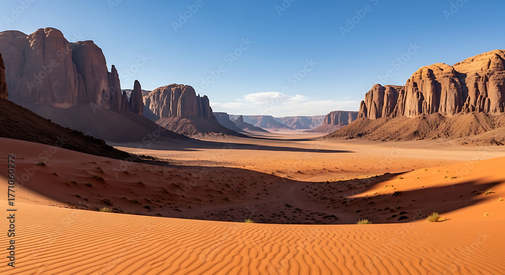 Fototapeta premium Wide panoramic view of a desert landscape dominated by large, reddish-orange sand dunes and rock formations under harsh midday sun, creating deep, dark shadows.