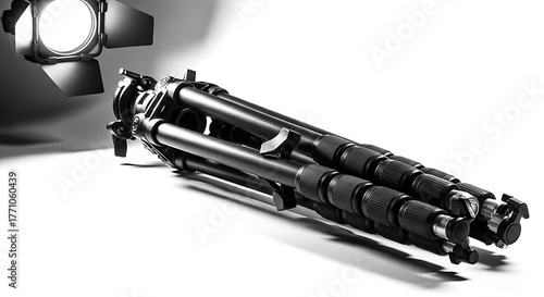 A black tripod is illuminated by a spotlight, casting a shadow on a white surface.