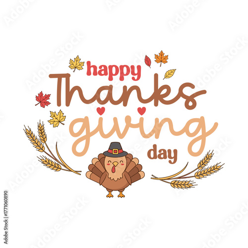 Happy Thanksgiving Day Greeting Card with Turkey and Autumn Leaves