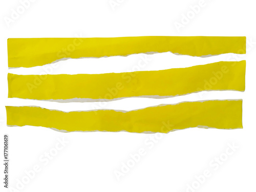 Torn yellow paper strips with rough edges revealing a dark void isolated on transparent background