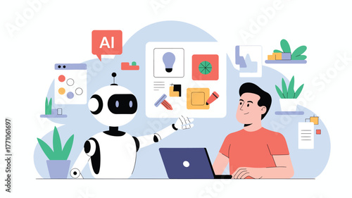 Robot and man collaborating on A I project with laptop and interface