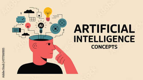 Red head profile with A I lightbulb and abstract shapes