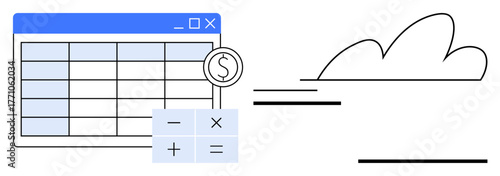 Spreadsheet with dollar sign and math operations, alongside flowing lines and cloud. Ideal for accounting, finance, cloud computing, data management, remote work, teamwork, simple flat metaphor