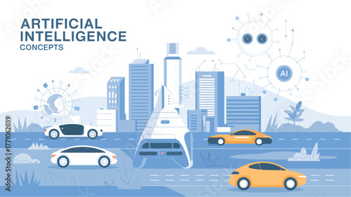 Artificial intelligence concept with autonomous cars in city