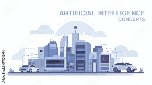 Futuristic city skyline with autonomous vehicles and A I concepts