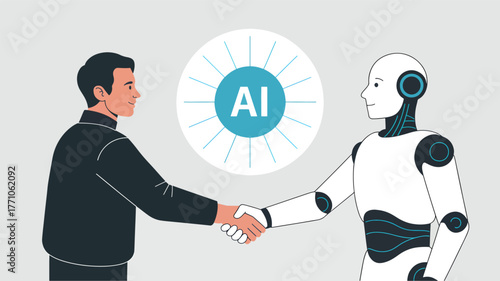 A man and a robot shaking hands with an I symbol artificial intelligence
