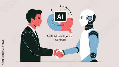 Man and robot shaking hands with A I brain graphic
