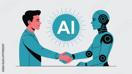 Man and robot shaking hands with A I symbol artificial intelligence