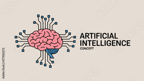 Pink brain with blue circuit board connections and text