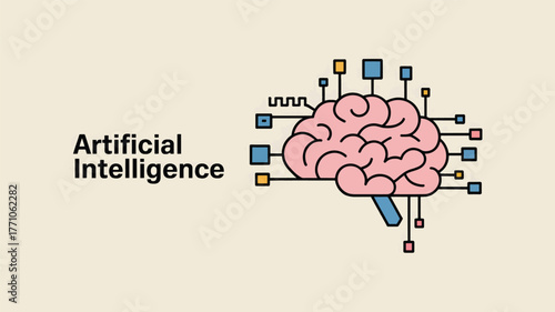 Pink brain with blue and yellow circuit connections