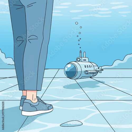 Illustration of a person's legs standing on a blue tiled floor next to a small, toy-like submarine with bubbles in a clear, light blue underwater setting.