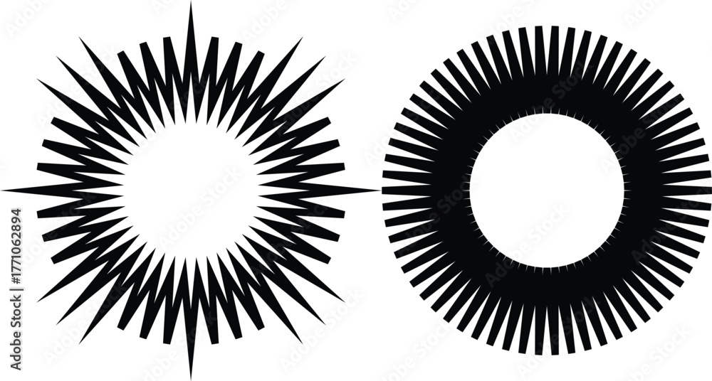 Two abstract black starburst or sunburst shapes with radial lines on a white background
