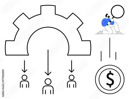 Gear mechanism driving workflow delegation to team members and financial goals. Ideal for productivity, teamwork, business strategy, money management, leadership, efficiency, simple flat metaphor