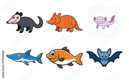 Collection of cute cartoon animals including a possum, armadillo, axolotl, shark, fish, and bat