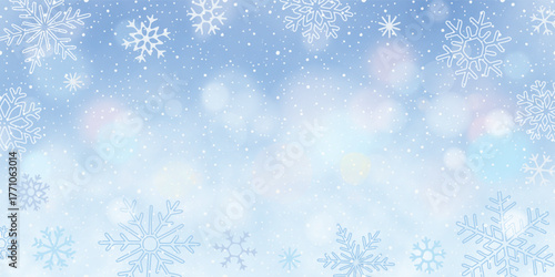 Winter vector background, snowflakes and snowfall, winter frame for your text, blur and bokeh effect