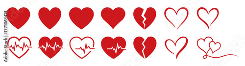 Set of red heart shapes including solid, outline, heartbeat, and broken heart designs representing love, romance, and emotions. Perfect for Valentine’s Day, wedding, and romantic. Heart, icons, vector