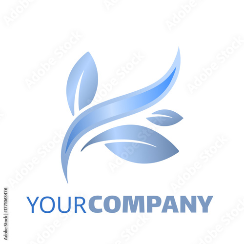 Abstract blue logo featuring stylized leaves and a swoosh design, suggesting growth and movement