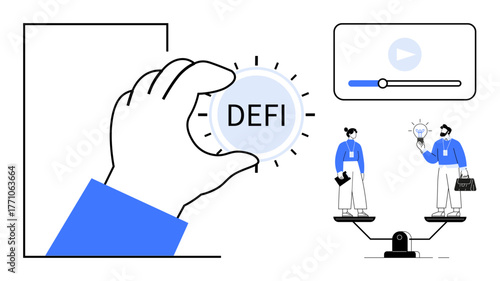 Hand holding DeFi token, balanced scale with characters representing creativity and professionalism, and media play window. Ideal for finance, technology, innovation, equity, blockchain, team