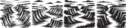 Abstract canyon landscape with layered cliffs and deep valleys, black and white terrain illustration showing erosion patterns, minimal fantasy environment concept for nature or adventure background