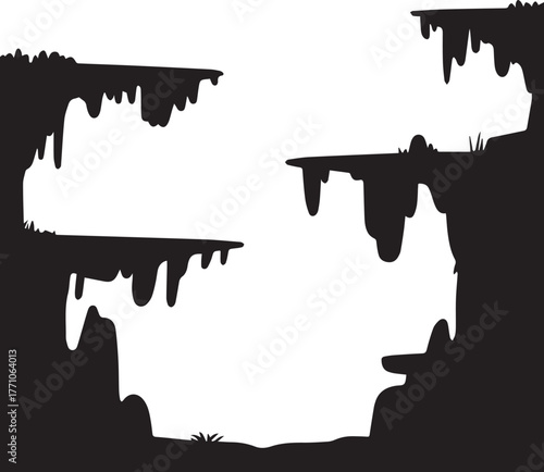 Dark cave landscape silhouette with sharp rock formations and cliff ledges, underground cavern illustration, minimal black and white design for adventure game background or fantasy nature concept art