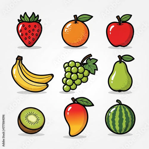Vector illustration set of nine popular whole fruits: strawberry, orange, apple, banana, grapes, pear, kiwi, mango, and watermelon. Colorful cartoon fruit icon collection for healthy eating and market