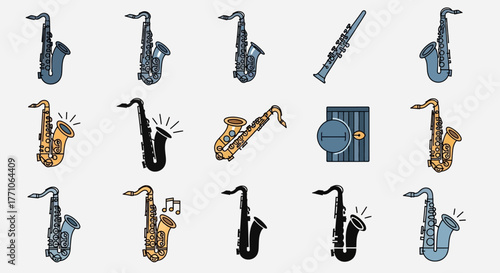 Diverse illustrations of saxophones in different styles, including colored, black silhouettes, and some with musical effects, alongside one clarinet.