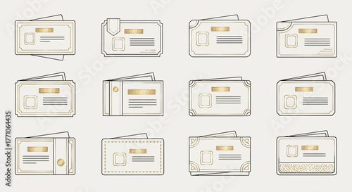 Collection of twelve elegant and classic identification card or pass templates with gold details.