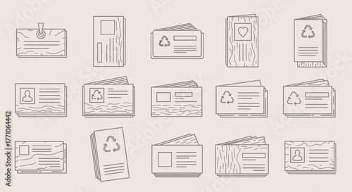 A collection of various identification cards and badges with a wood grain texture, including some with recycling symbols.