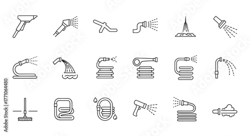 Collection of line art icons illustrating various garden hoses, spray nozzles, and watering equipment for outdoor use.