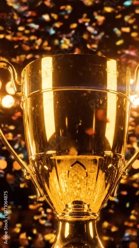 Golden trophy award with confetti in the background victory concept