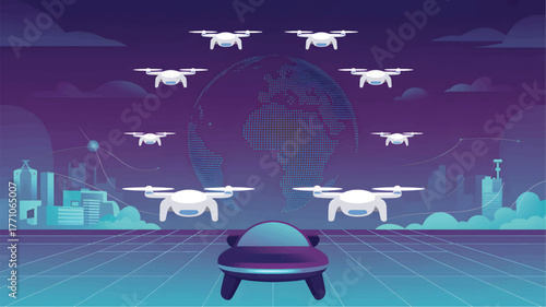 White drones fly around digital globe over futuristic city