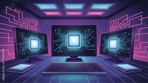 Three computer monitors displaying circuit board graphics in a neon room