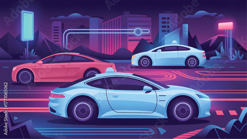 Three cars on a neon lit city street at night vector