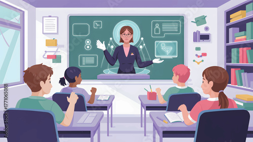 Teacher presenting on digital blackboard to students in classroom