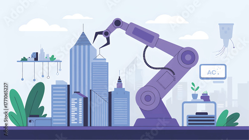 Robotic arm building city with plants and clouds construction