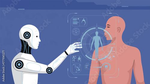 Robot scans human body on futuristic interface android