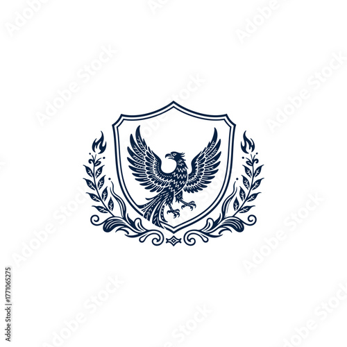 Majestic Eagle or Phoenix bird with spread wings, centered on an ornate heraldic shield, topped with a crown and surrounded by laurel wreaths