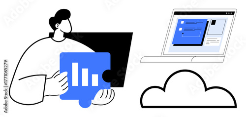 Businessperson holds data puzzle piece near cloud and laptop screen displaying virtual workspace. Ideal for data management, collaboration, cloud computing, analytics, teamwork, online tools
