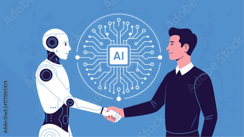 Robot and man shaking hands with A I circuit graphic