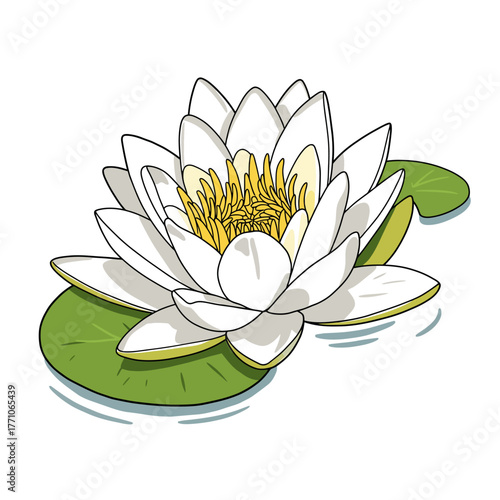 Hand-drawn vector illustration of a beautiful white water lily flower. Detailed floral art with a black outline, showing a lotus blooming on a green leaf in water
