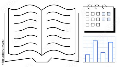 Open book with flowing text lines next to a grid-style calendar and bar chart. Ideal for education, organization, time management, research, productivity, strategy, and learning concepts. Clean