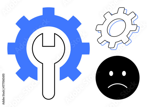 Blue gear with wrench, smaller gear, black sad face. Ideal for repair, troubleshooting, problem-solving, maintenance, technical issues customer dissatisfaction innovative solutions. Minimalist flat