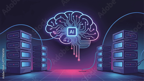 Neon A I Brain Connected to Server Racks artificial intelligence