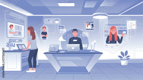 People interacting with holographic interfaces in a blue toned office