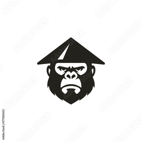 Vector illustration of a fierce gorilla wearing an Asian conical hat