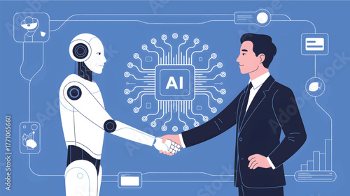 Man and robot shake hands with A I chip graphic human