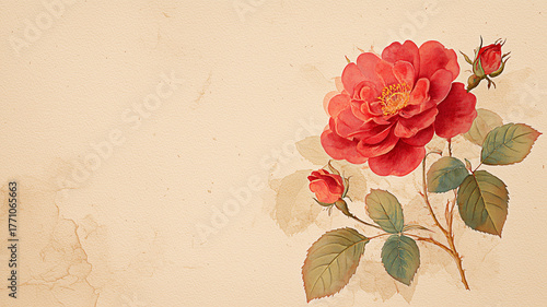 Vintage watercolor red rose with buds and green leaves on aged beige paper background for romantic botanical greeting or wedding design