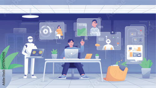 Man and robot interact with futuristic holographic displays